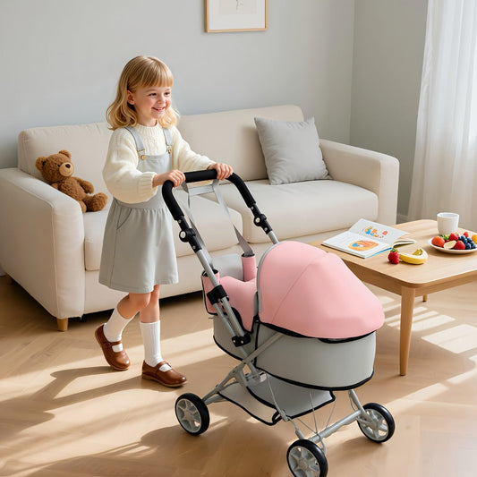 Foldable Doll Stroller with Adjustable Handle 39-68cm, Grey & Pink Baby Doll Pram for 16-20 Inch Dolls