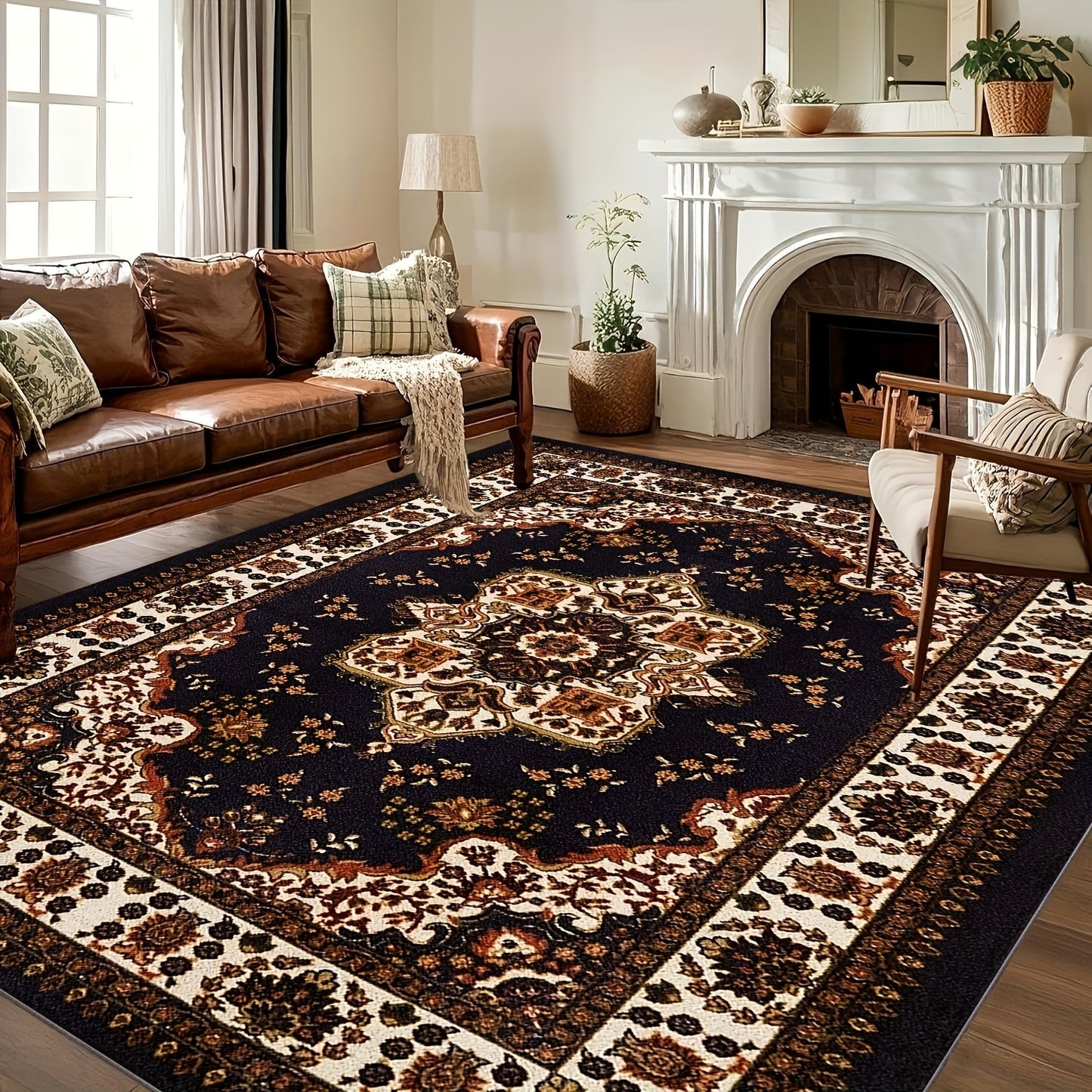 Area Rug, Persian Bohemian Pattern Carpet in Four Rectangular Sizes with Machine-Wash Care and Textured Backing