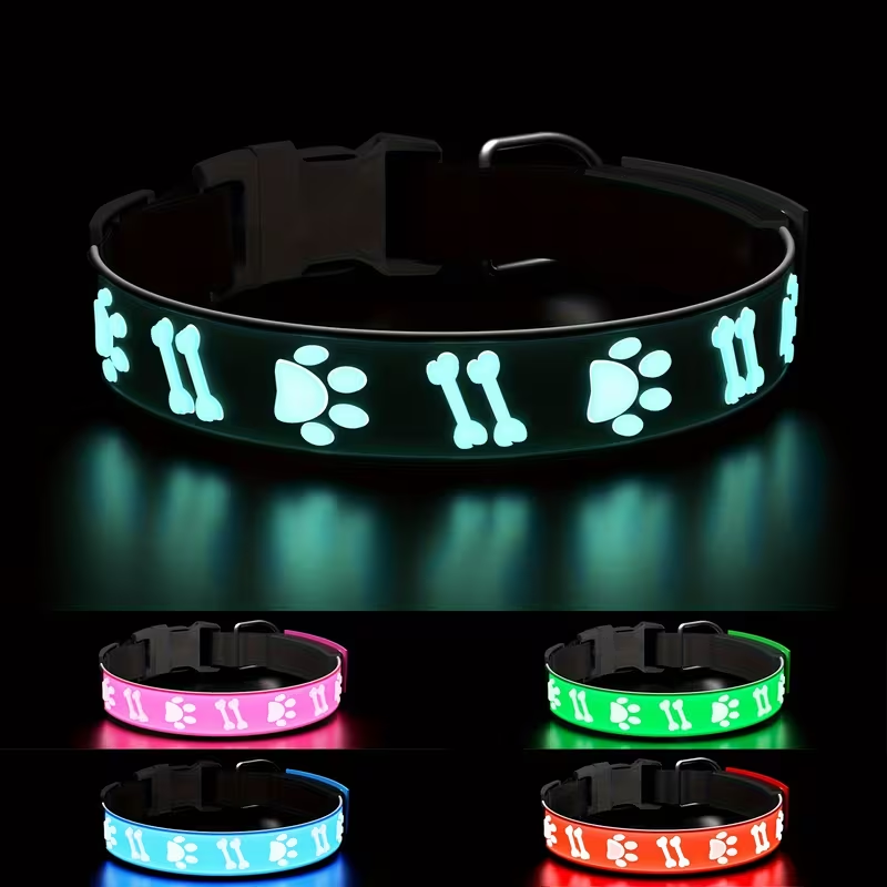LED Dog Collar USB Rechargeable – 15 Light Modes Adjustable Glow Safety Collar for Nighttime Walks, Soft 3D Flash Pattern Pet Collar, XS–L
