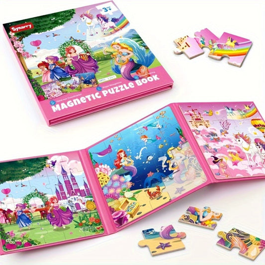 Magnetic Puzzle Book for Girls 3 4 5 6, 3-in-1 Unicorn Mermaid Princess Travel Puzzles, 20 Pieces Folding Magnetic Jigsaw for Toddlers