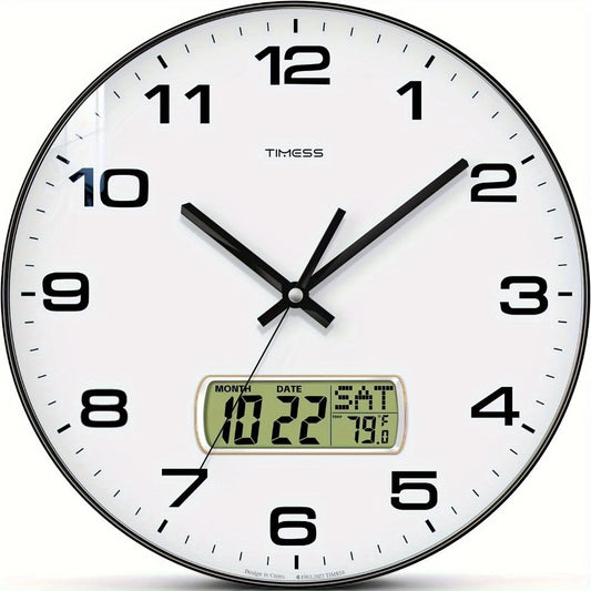 Round Analog Wall Clock with LCD Calendar and Temperature Window, Four Colors and 10- or 12-Inch Sizes