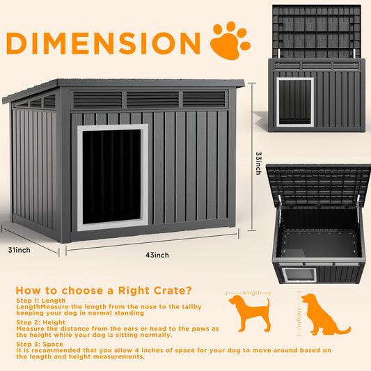Outdoor Dog House Resin Kennel – All-Weather Slant Roof Dog Villa with Gas-Lift Ventilated Canopy, UV & Stormproof, Removable Top