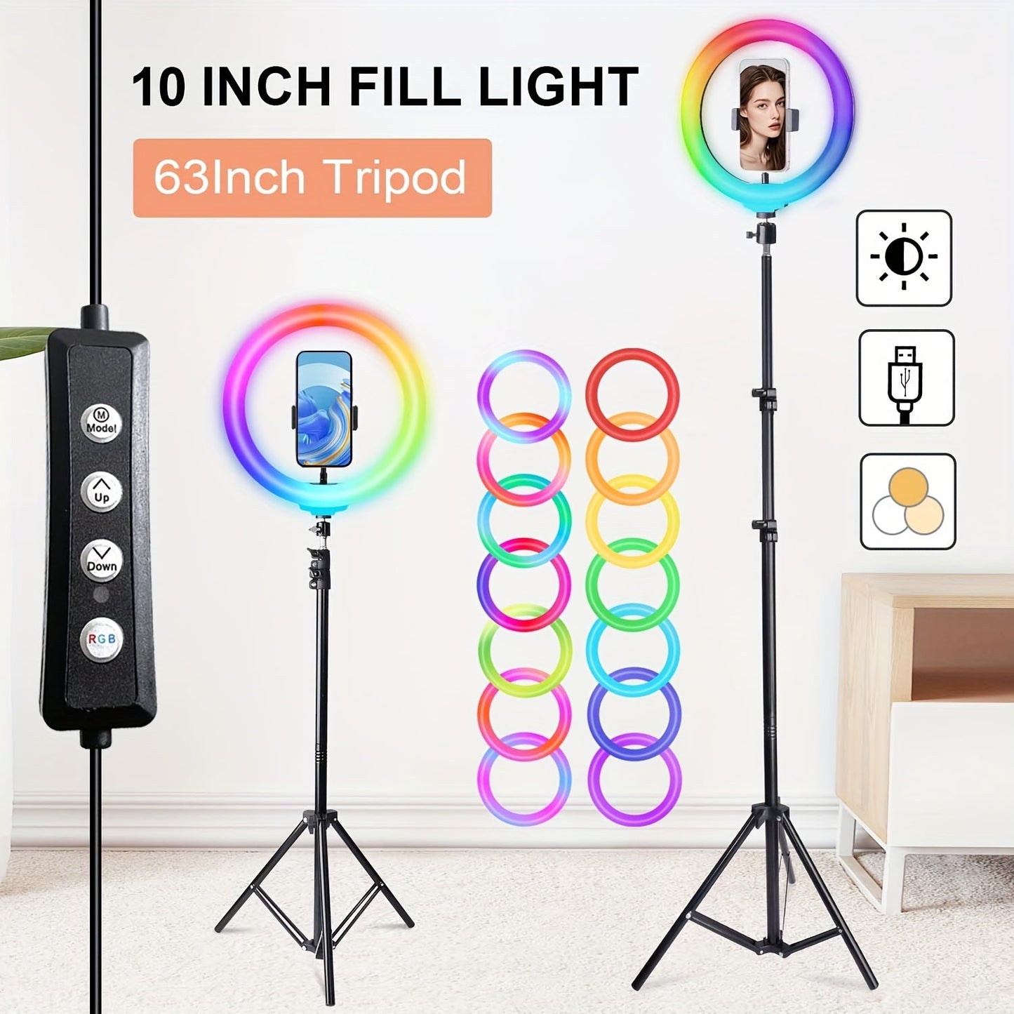10-Inch Standard or RGB LED Ring Light with 43- or 63-Inch Tripod and Phone Holder Options
