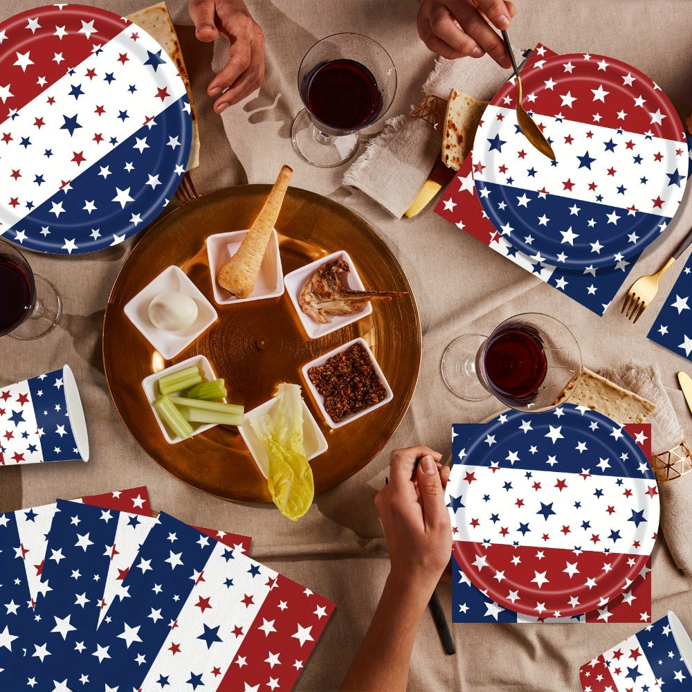 Patriotic Tableware Party Supplies Set with 140 Pieces for 20 Red White Blue Star-Print Settings