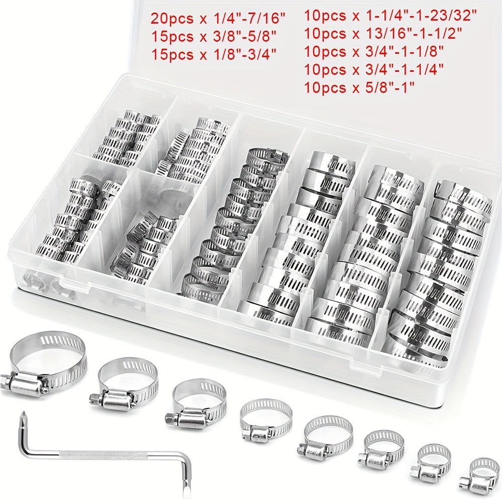 Stainless Steel Hose Clamps 100-Pack Assortment Kit – Multiple Universal Sizes Adjustable Hose, for Home Plumbing Maintenance and Repair