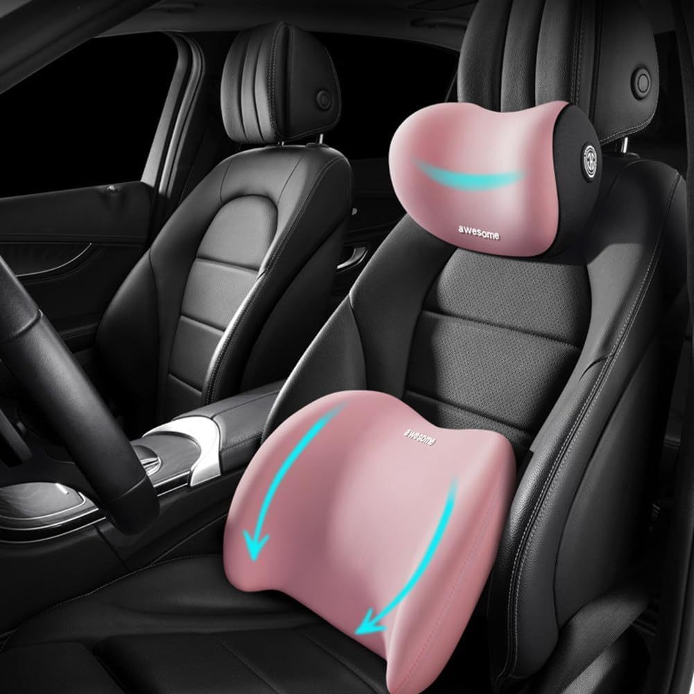 Car Lumbar Support Pillow & Neck Pillow Kit – Ergonomic Seat Cushion Set with Adjustable Strap for Back & Neck Pain Relief