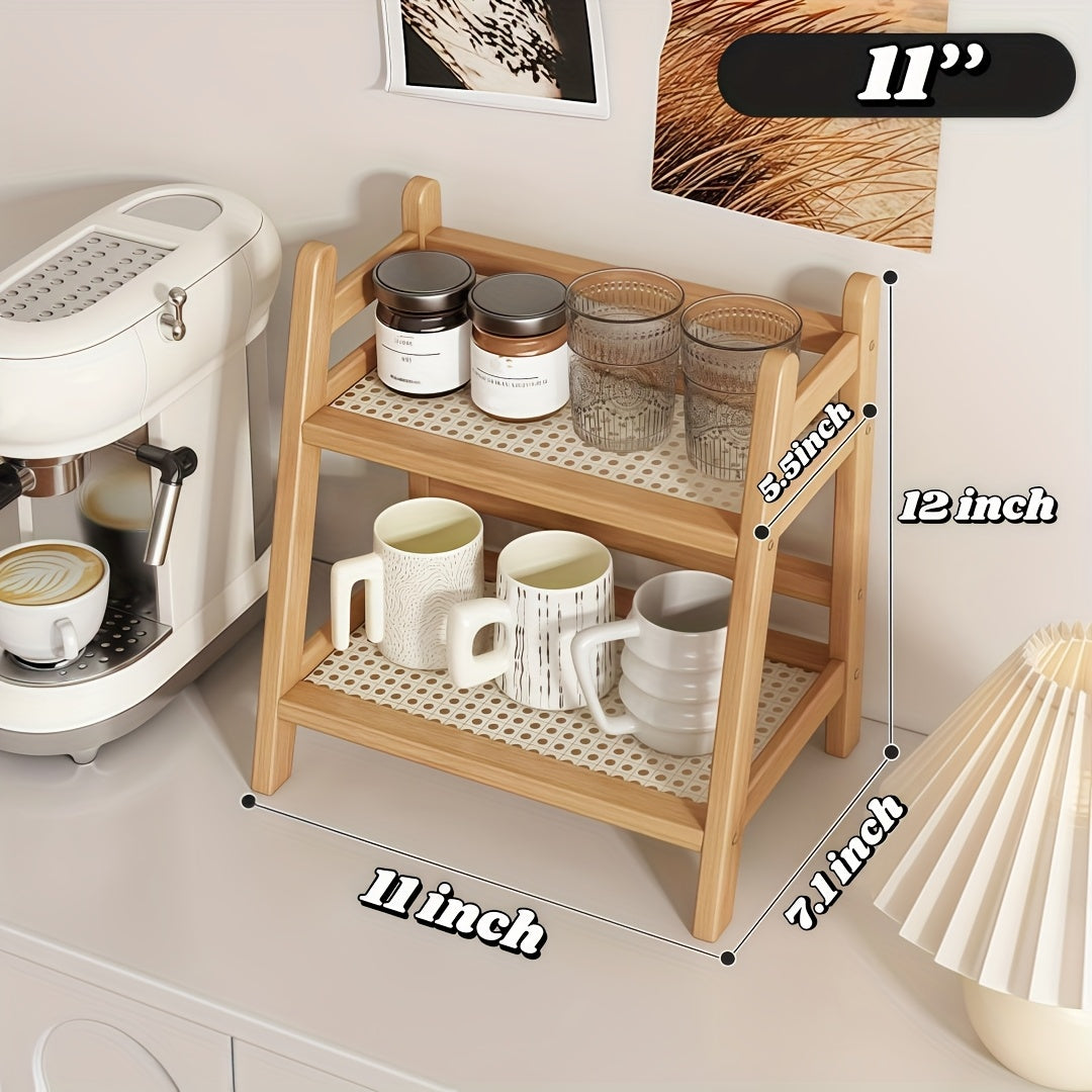 Bamboo Countertop Shelf Organizer 2-Tier – Trapezoidal Wooden Storage Rack for Kitchen Office Bedroom and Desk