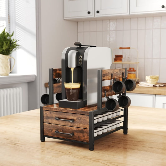 Kitchen Organizer Coffee Capsule and Mug Rack with Single or Double Layer Countertop Stand in Rustic Brown