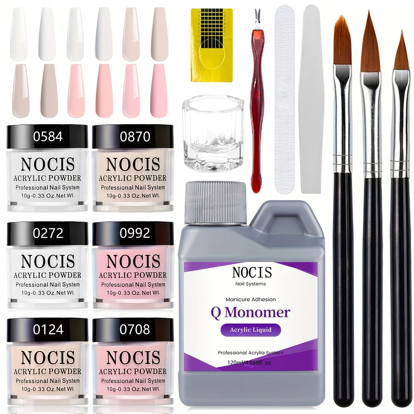Six-Color Acrylic Nail Powder Set with Monomer Bottle and Application Tool Assortment in Three Set Codes