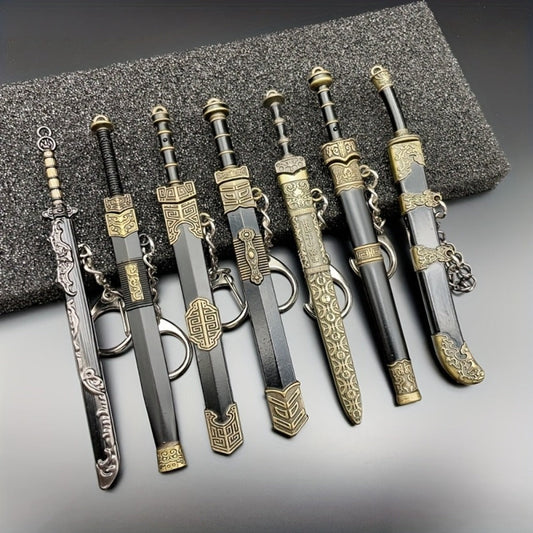 Seven-Piece Miniature Metal Sword Replica Set with Sheaths, Keychains and Ancient-Inspired Display Designs