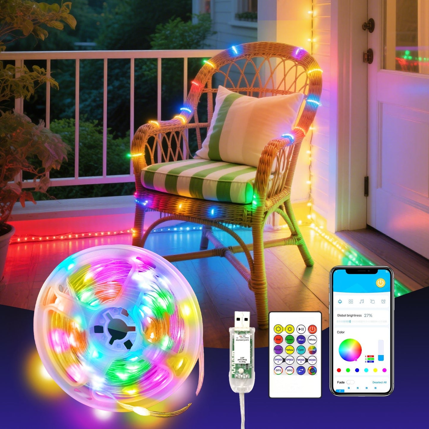 String Lights, RGB App-and-Remote-Control Fairy Lights with Music Sync, USB Power, IP65 Rating and Three Length Options