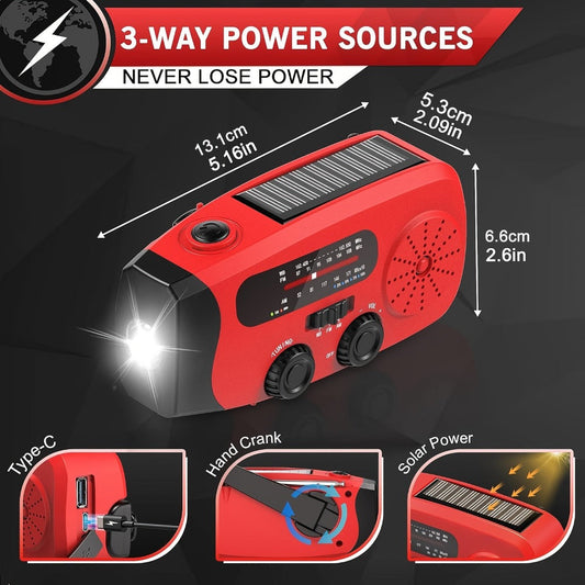 2000mAh AM/FM/NOAA Emergency Radio with Solar Panel, Hand Crank, LED Flashlight and Four Color Options