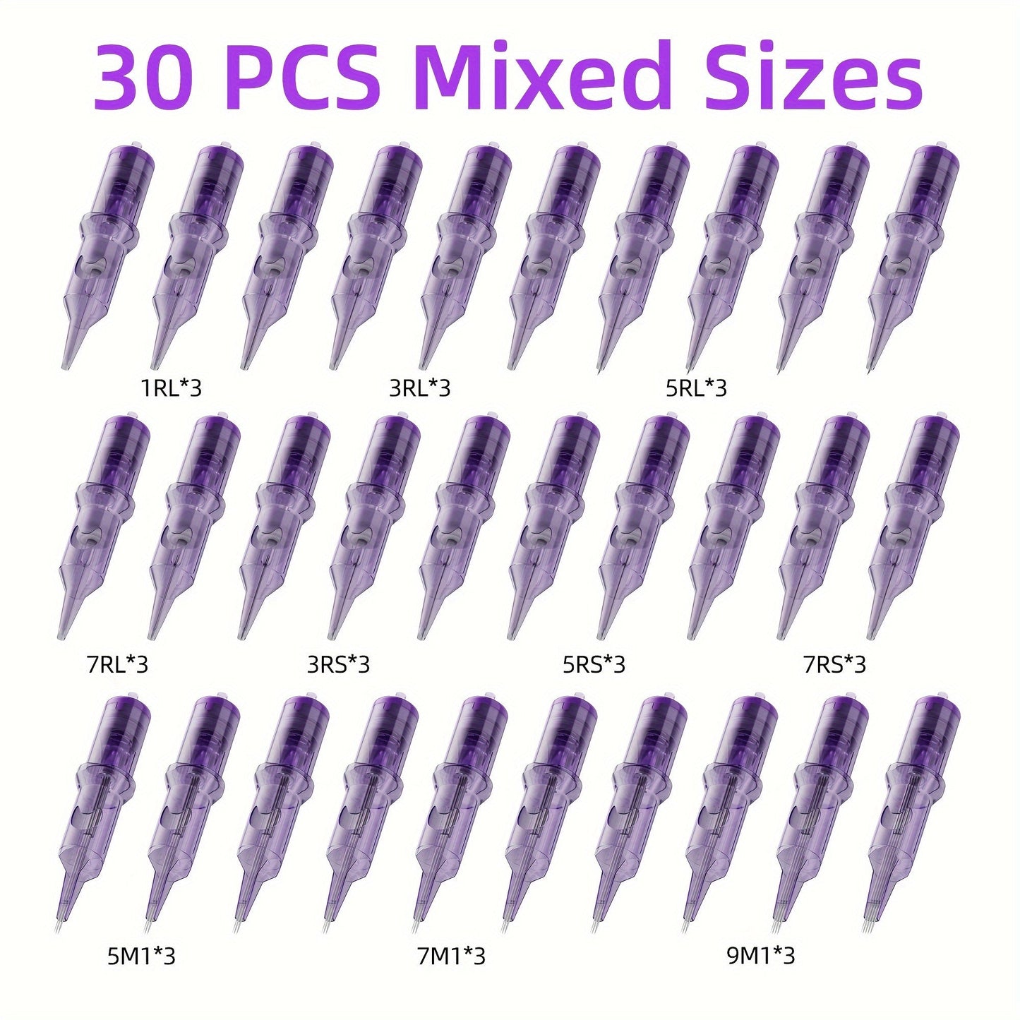 Tattoo Cartridge Needles 30 50pcs Purple RL RS RM M1 Mixed Sizes - Tuffking Disposable for Temporary Body Art, Festivals and Costumes