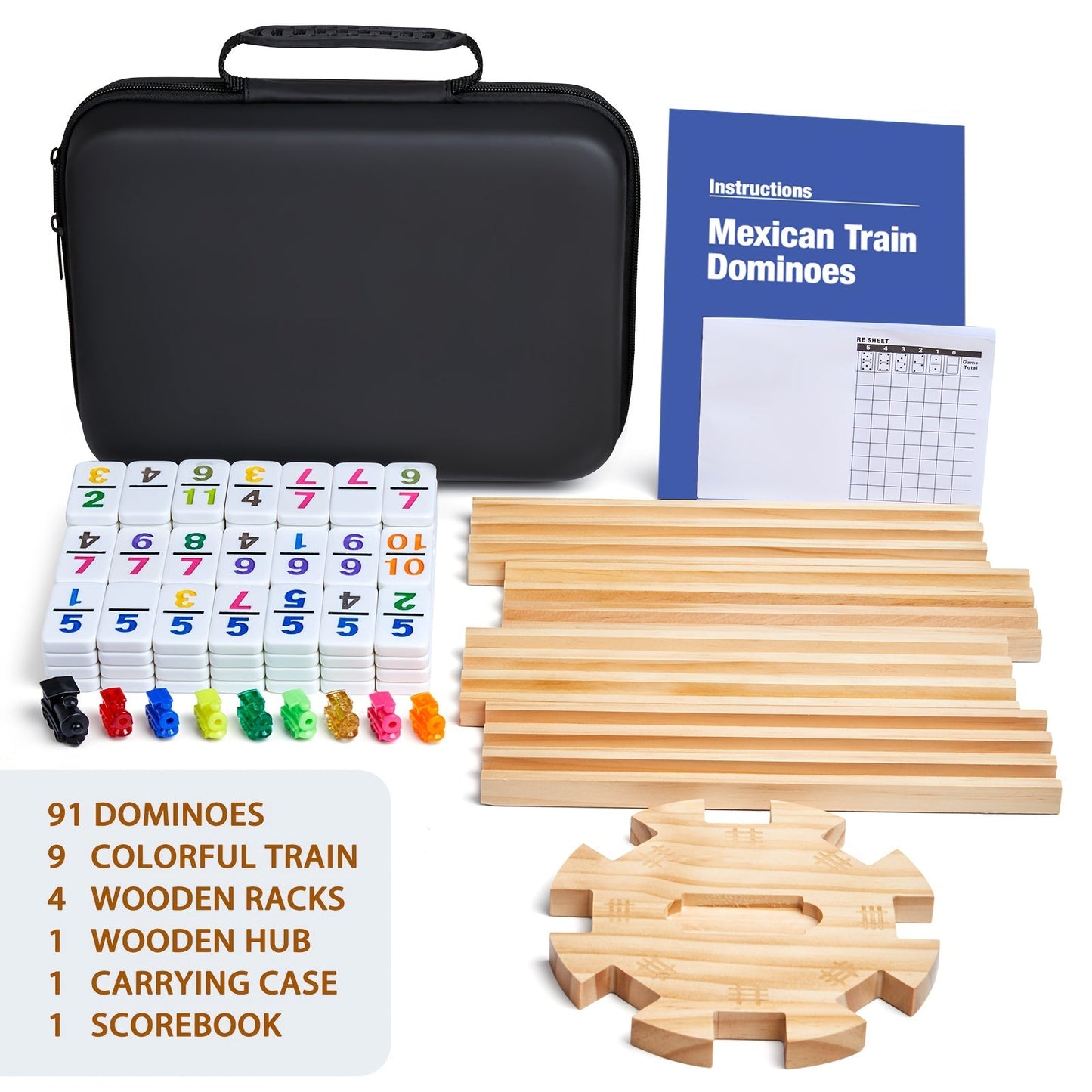 Mexican Train Dominoes Double 12 Set – 91 Colorful Tiles, 9 Metal Trains & 4 Wooden Racks, Complete Strategy Board Game with EVA Travel Case