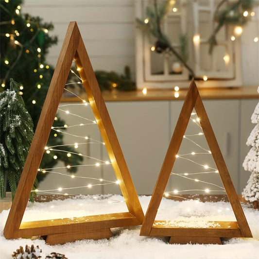 Wooden Light-Up Desktop Christmas Trees USB Powered - Mini Lighted Wood Tree Set for Holiday Decoration