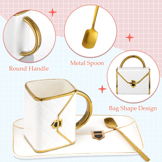 Four-Piece Purse-Shaped Coffee Mug Set with 10oz Cups, Matching Saucers and Metal-Look Spoons