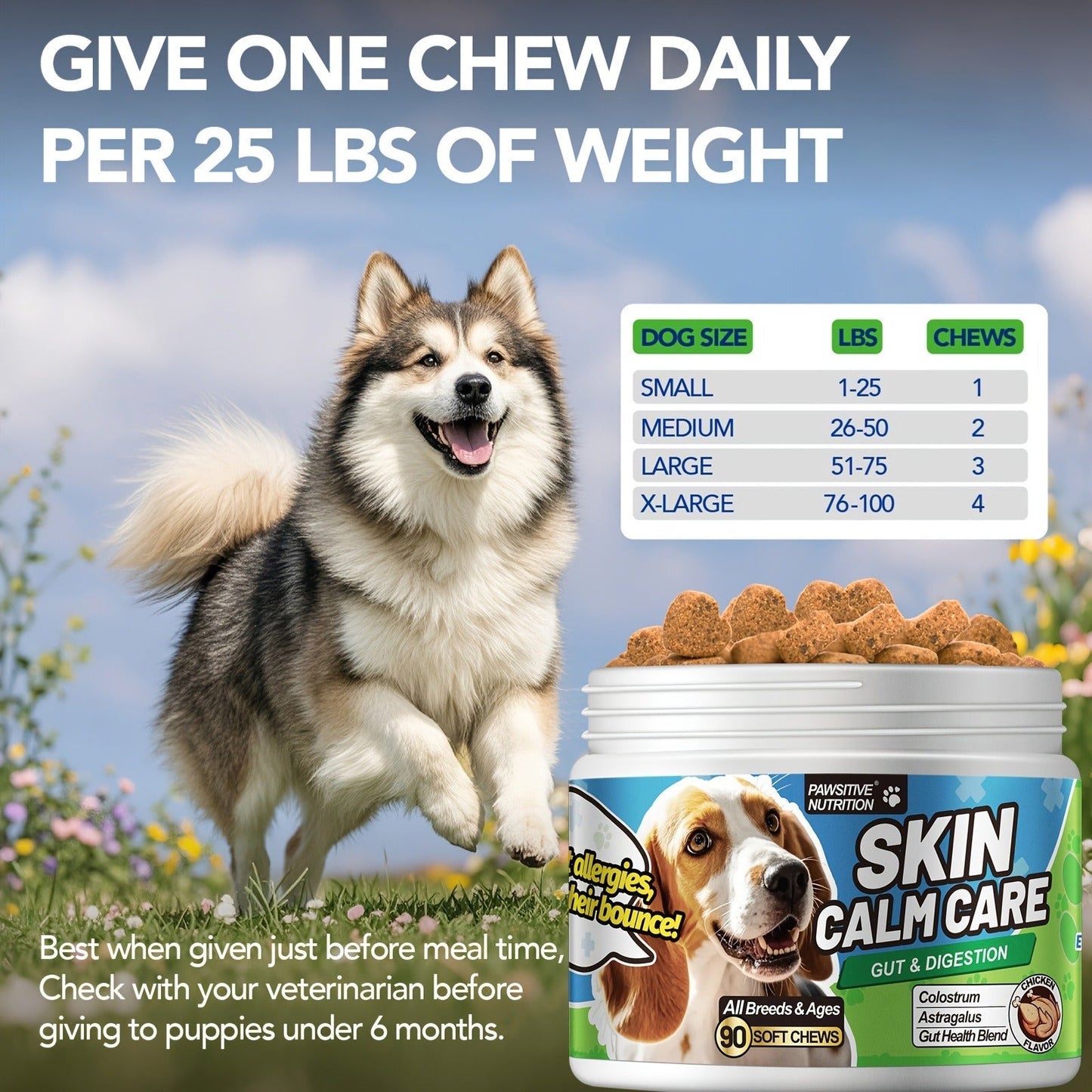 Dog Skin and Digestion Soft Chews with Colostrum, Fermentate and Astragalus, 90-Count Bottle