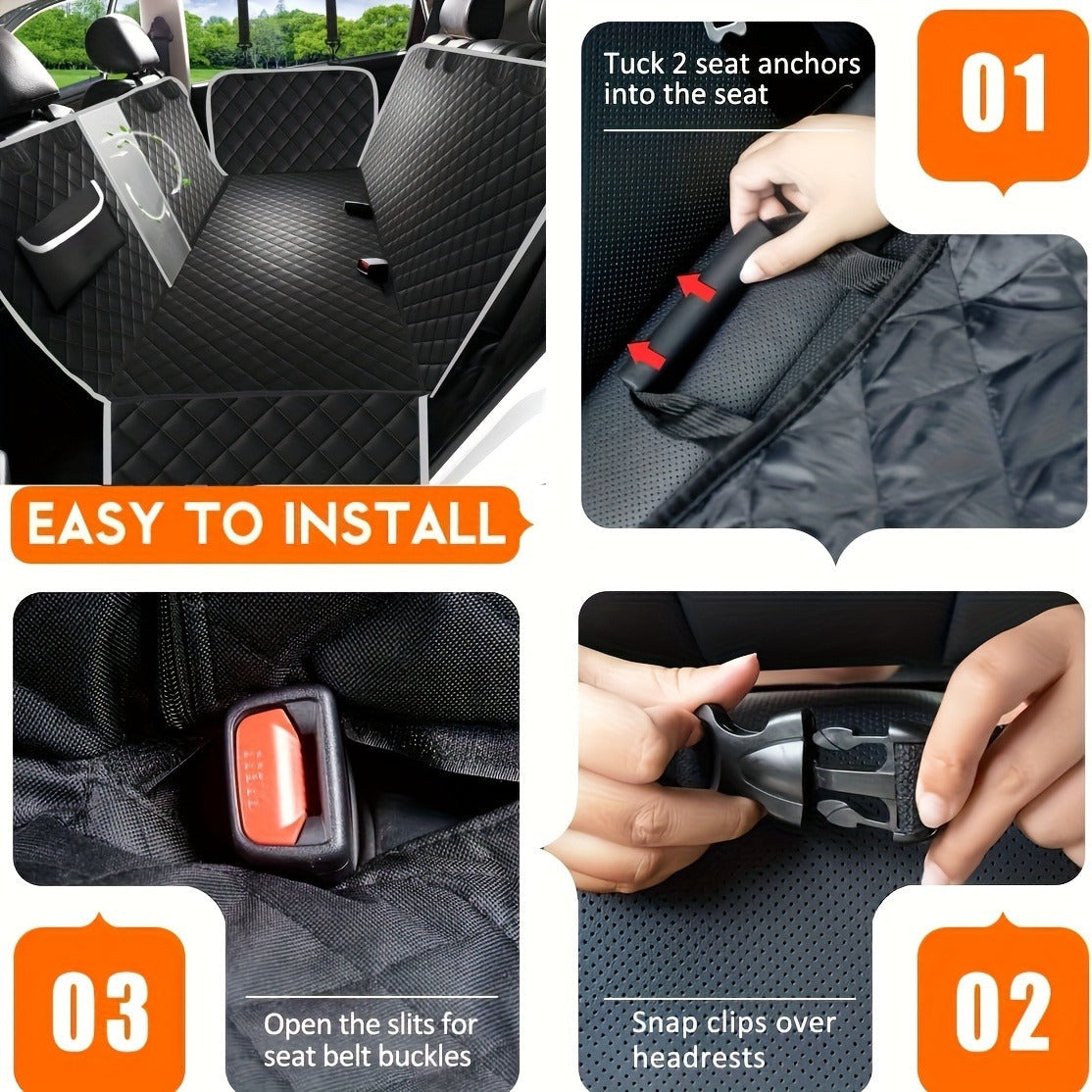 Gray Black Quilted Dog Car Back Seat Hammock with Mesh Window, Storage Pockets and 54 x 58 Inch Fit