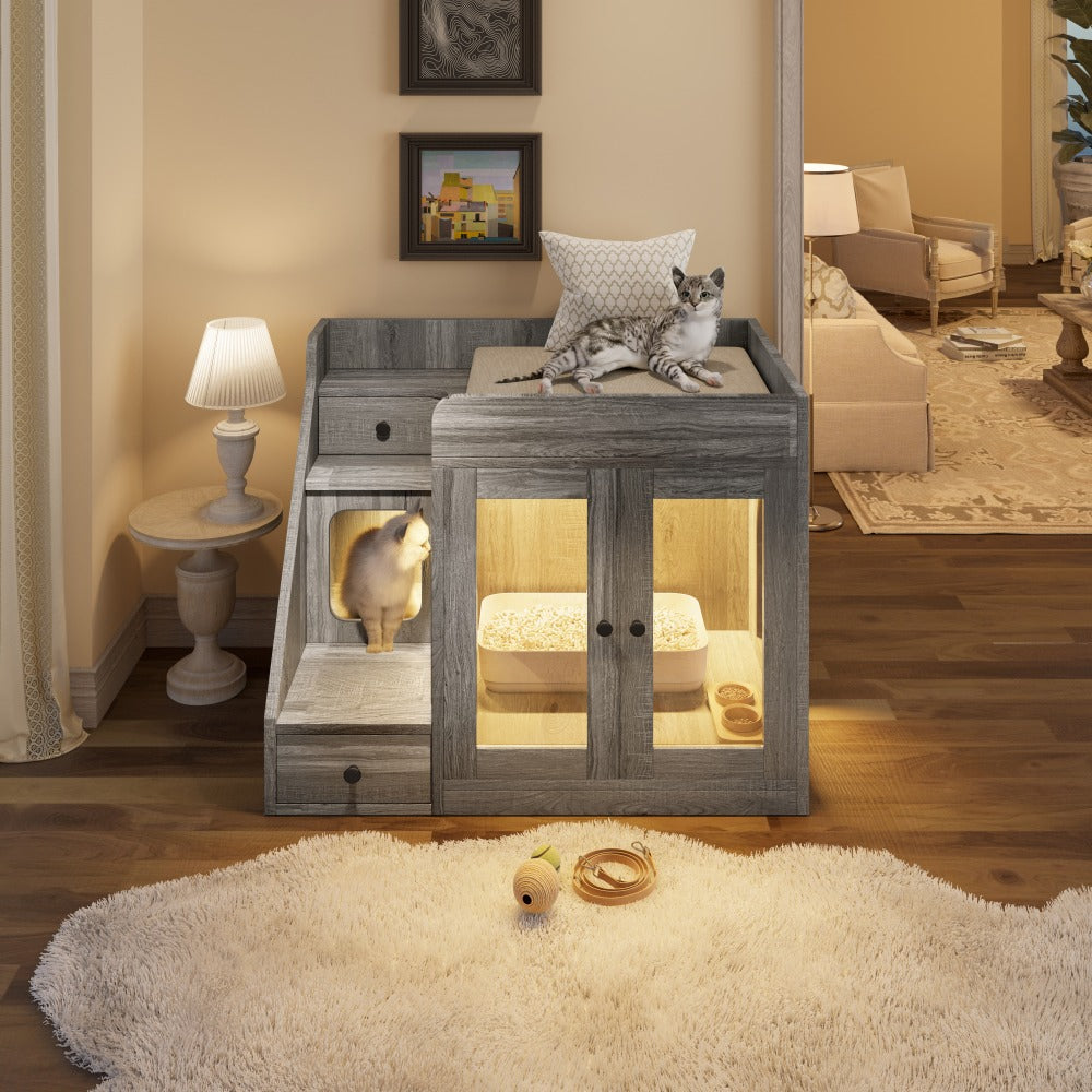 Cat Litter Box Enclosure Furniture Hidden Cabinet with LED Light & 2 Drawers – MDF Indoor Cat House Side Table with Acrylic Door