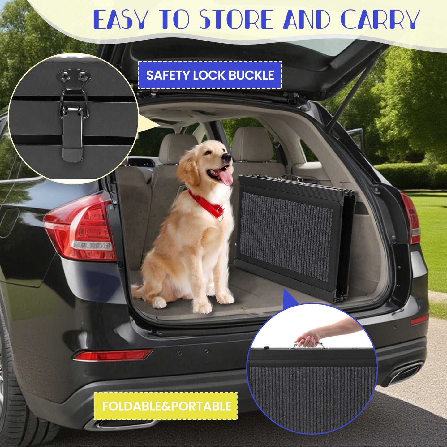 Folding Pet Ramp for Dogs & Cats – Adjustable Portable Non-Slip Fabric Ramp with Ergonomic Handle for Car