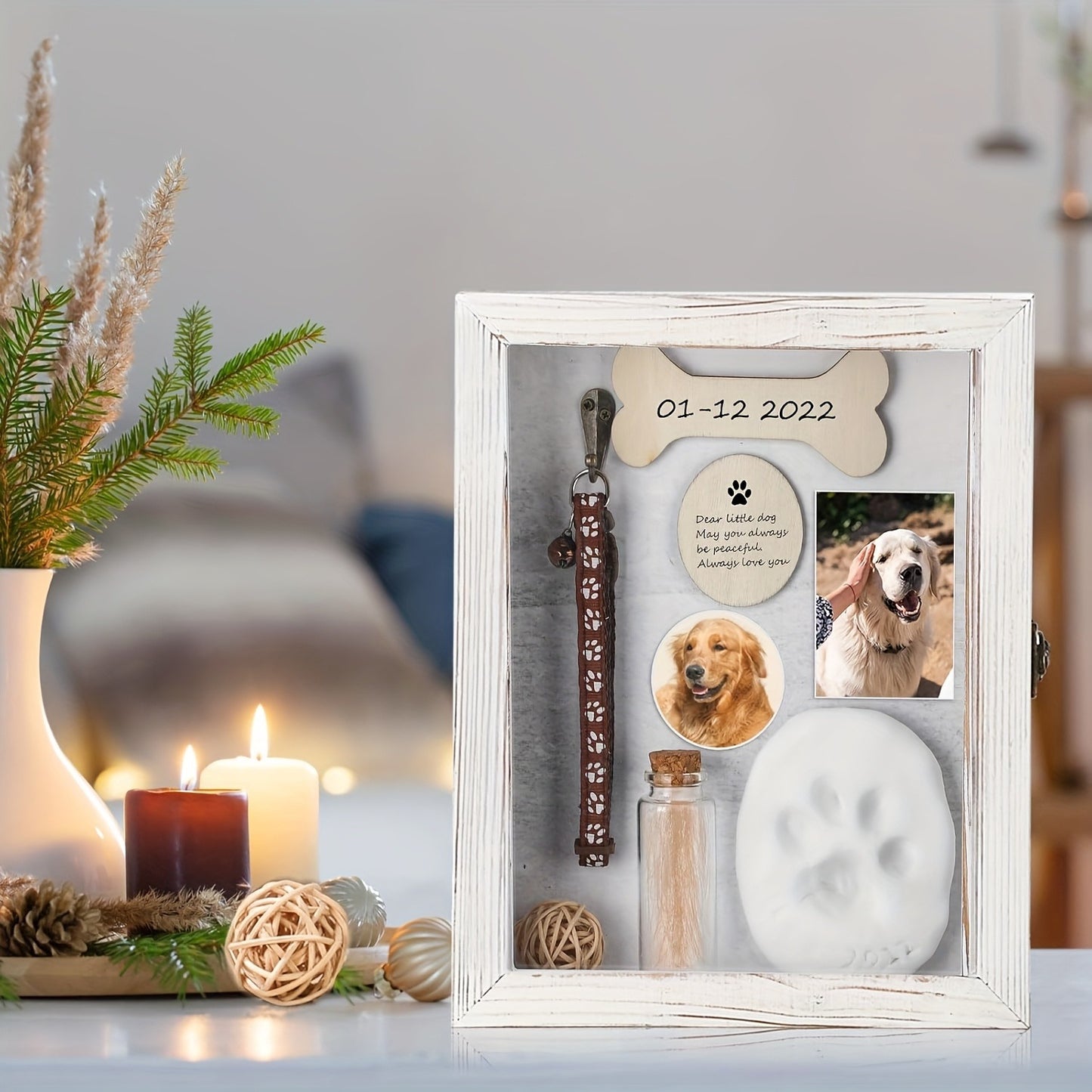 Pet Memorial Shadow Box 8x10 Wood Frame Display Case with Paw Print Kit Small Bottle & Pins, Dog Cat Urn Ashes Keepsake Box for Loss Pet