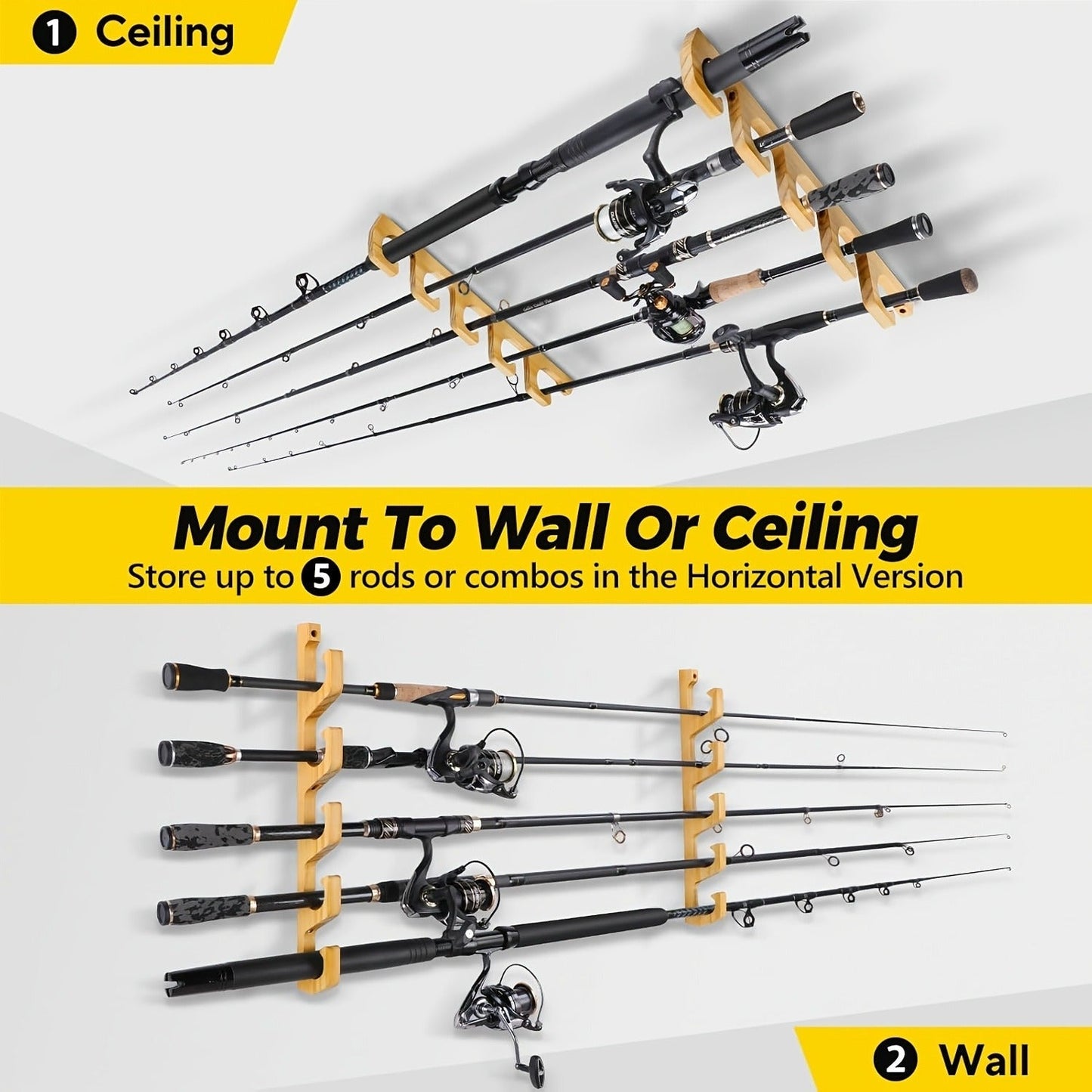 Wall-Mounted Wooden Fishing Rod Rack – 5-Hole Horizontal Rod Holder for Garage, Ceiling & Wall | Solid Wood Fishing Pole Storage Bracket