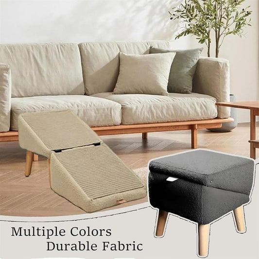 Dog Ramp 2-in-1 Foldable Ottoman Pet Stairs for Sofa Bed, Solid Wood Frame Heavy-Duty Small Dog Steps with Anti-Scratch Rounded Edges