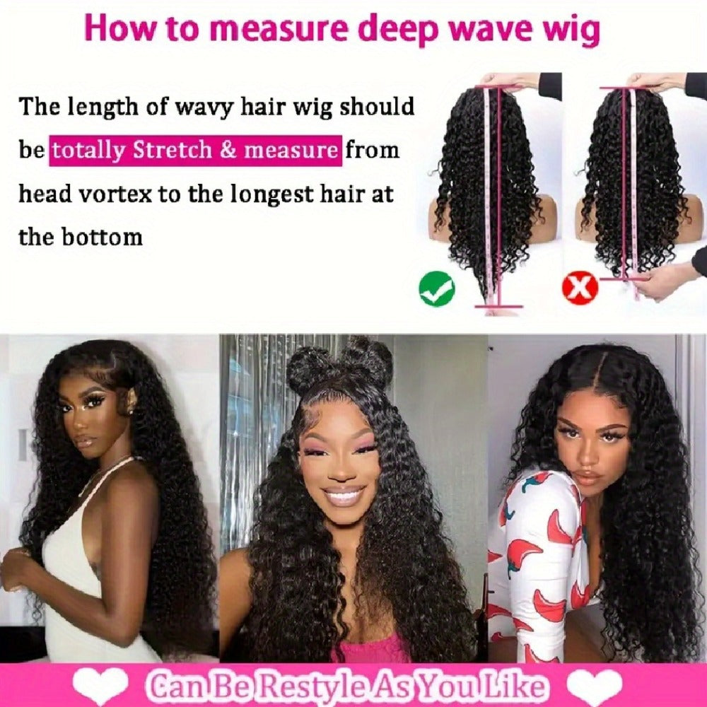 Lace Front Wig Deep Wave Human Hair, 28- or 34-Inch Natural Black with 13x4 HD Front and 250% Density