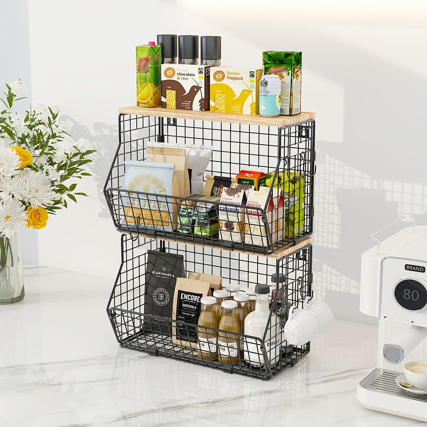 Stackable Metal Wire Fruit Basket with Lid, 1 or 2-Tier Hanging Kitchen Pantry Storage Bin