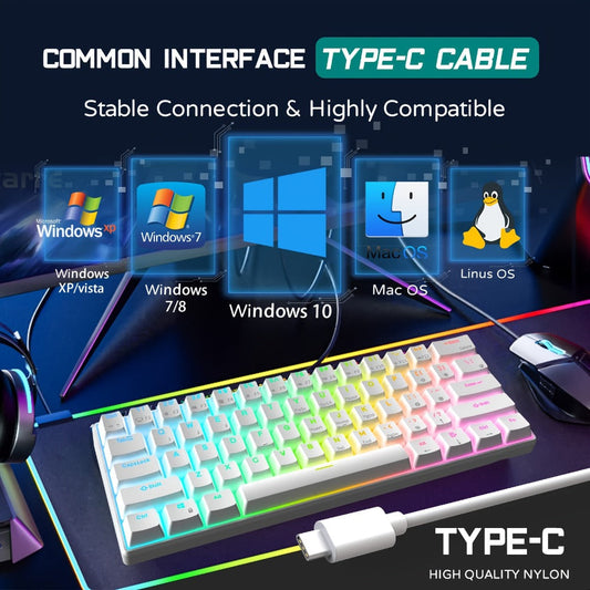 Mechanical Keyboard 61-Key Compact Wired Layout with Blue Switches, RGB Backlighting and Four Color Options