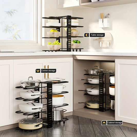 Eight-Tier Pot and Pan Organizer Rack in Black with Side Cookware and Lid Positions, One- or Two-Piece Sets