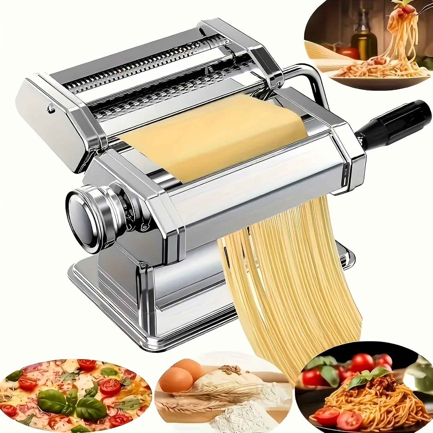 Pasta Machine with 8 Adjustable Thickness Settings, 2-in-1 Stainless Steel Manual Pasta Maker with Roller & Cutter