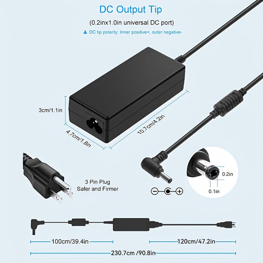 Fixed 19V 3.42A 65W Power Adapter with No-Tip or Nine-Tip Connector Configuration and US Cord