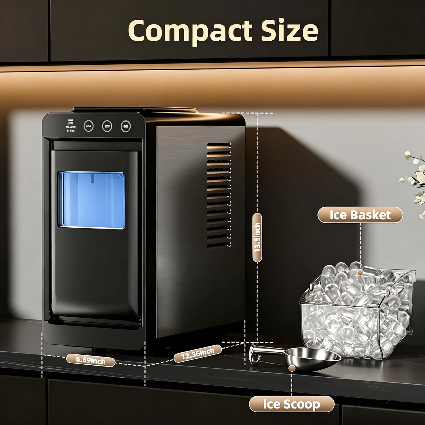 Countertop Ice Maker – 26 Lbs in 24 Hours, Selectable Ice Size, Internal Lighting, Self-Cleaning Portable Ice Machine with Basket & Scoop