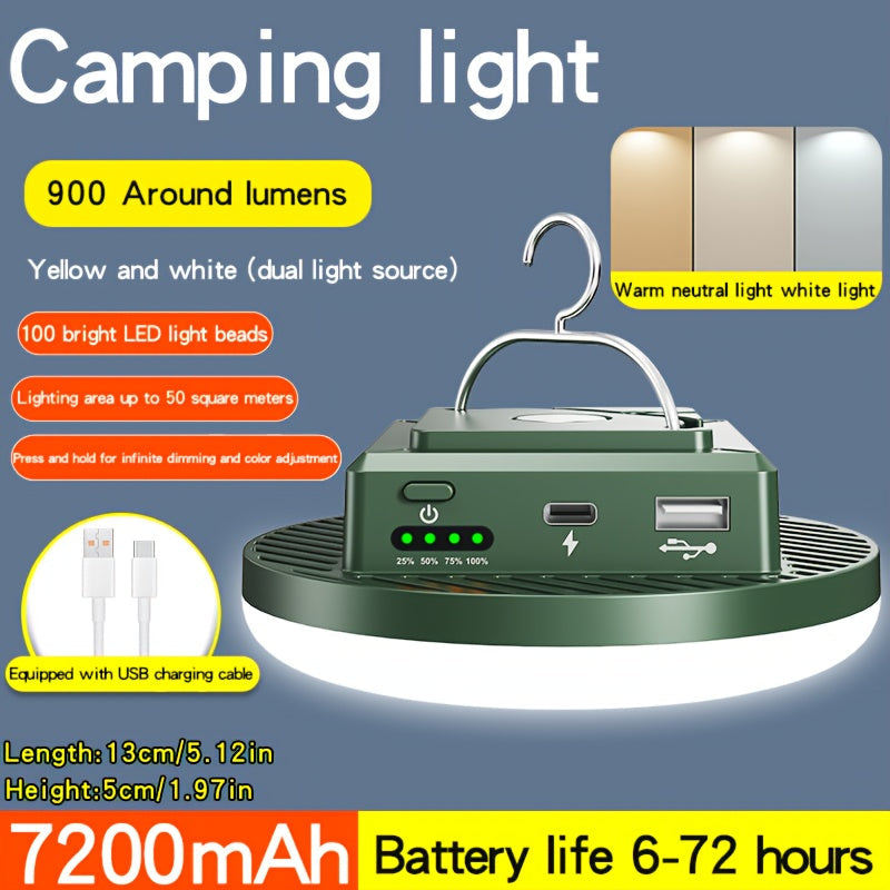Round USB-Rechargeable Camping Lantern with Four Light Modes, Hanging Hook and Blue, White or Green Housing