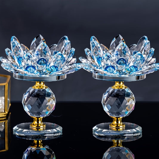 Lotus Candle Holder Pair with Faceted Crystal-Look Petals, 11cm Pedestal Form and Green, Purple, Blue or Pink Options