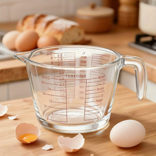 Clear Glass Measuring Cup Set with Pour Spouts, Handles, Red Graduations and One- or Three-Piece Options