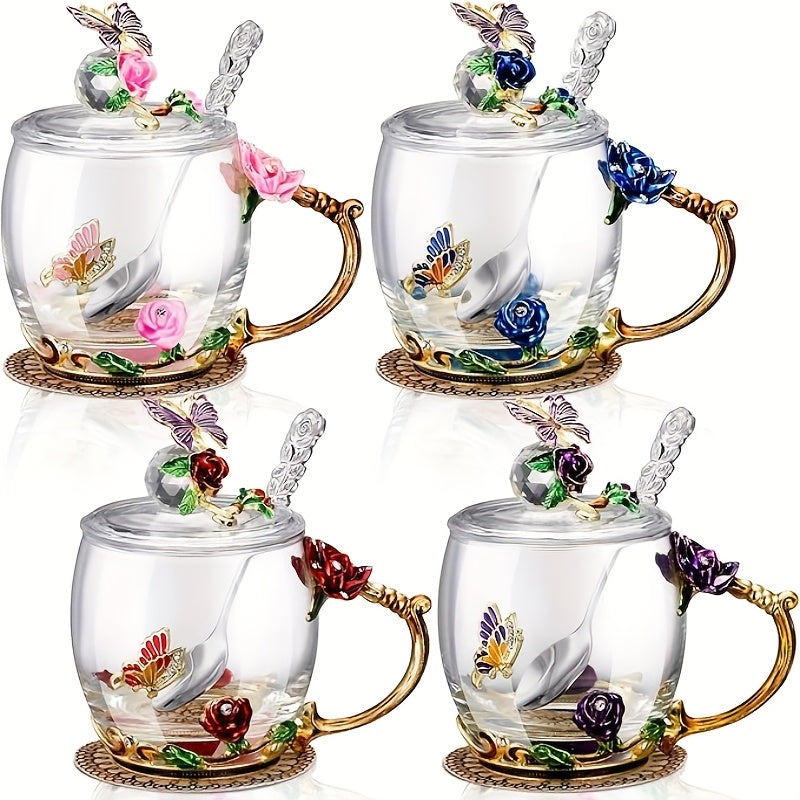 Flower Glass Tea Cups with Lids and Spoon 4 Sets Butterfly Vintage Floral Clear Glass Coffee Mugs 12oz Gift for Women Mom Wife Girlfriend