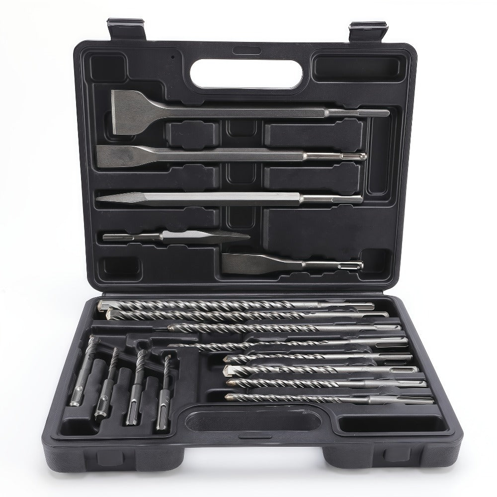 17-Piece SDS Plus Drill Bit Set with 40CR-Labeled Masonry Bits, Four Chisels and Fitted Carry Case