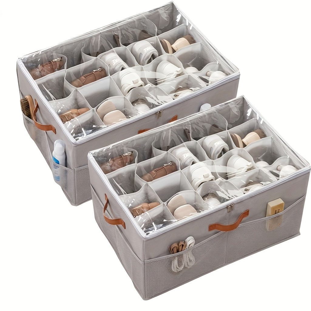 Sixteen-Compartment Foldable Shoe Storage Box with Flip-Top Cover, Side Handles and One- or Two-Piece Sets