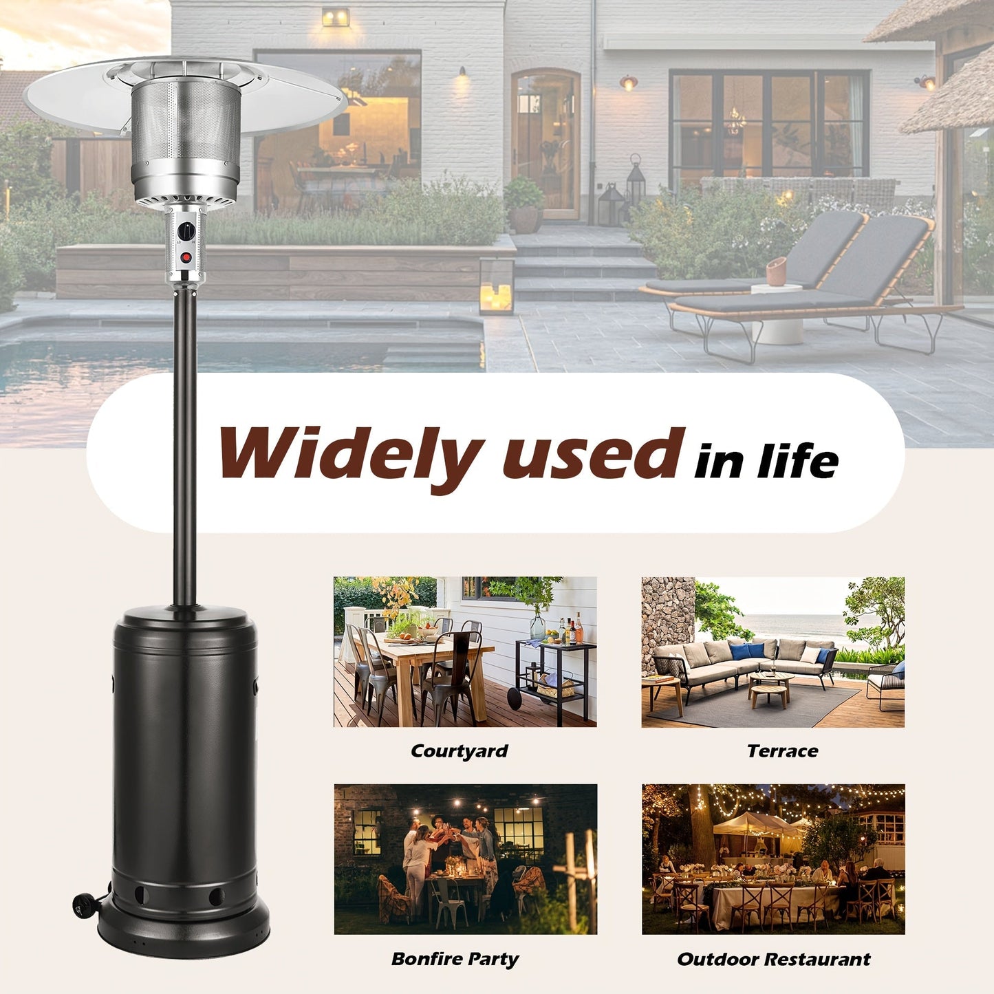Propane Patio Heater 47000 BTU Outdoor Standing Heater with Wheels, 18-Foot Heating Radius, Fast Heat in 1 Min