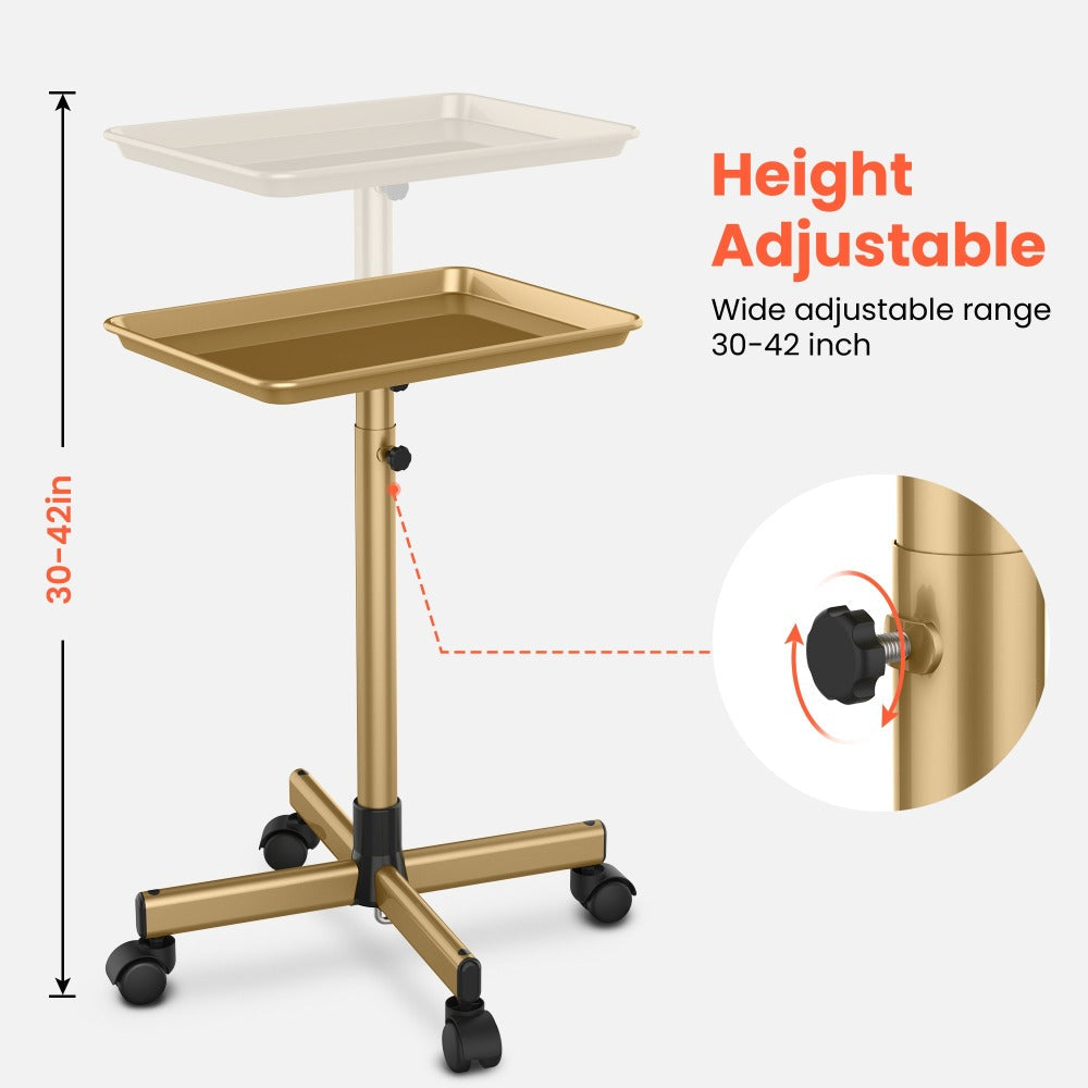 Salon Rolling Tray Trolley on Wheels Height Adjustable 30"-42" – Silver Mobile Salon Cart for Nail Tech, Esthetician, Barber