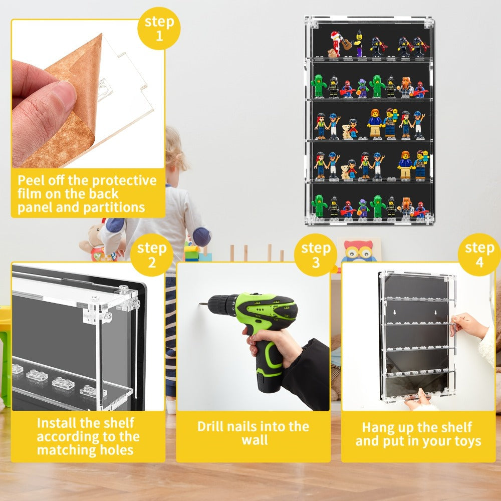 Wall Mounted Display Case 5-Tier for 40 Figurines Clear Acrylic Showcase with Built-In Stands & Mounting Hardware for Action Figures Funko