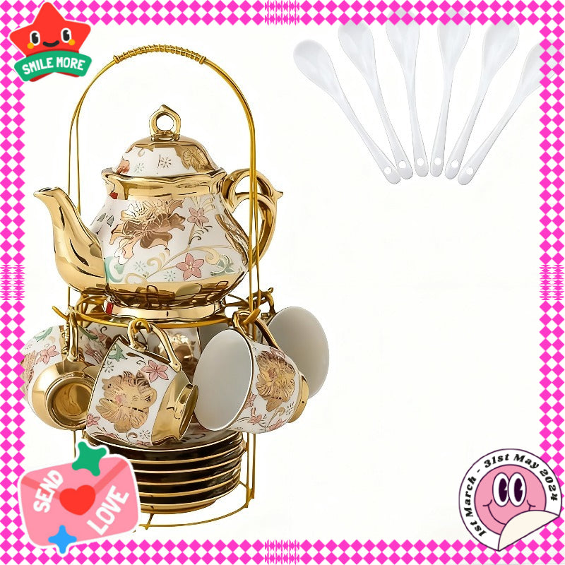 20-Piece Floral Ceramic Tea Set with Saucers & Metal Stand, European Afternoon Tea Service, Blooming Design