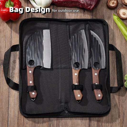Three-Piece Butcher Knife Set with Dark Patterned Cleaver Blades, Riveted Wood-Look Handles and Carrying Case