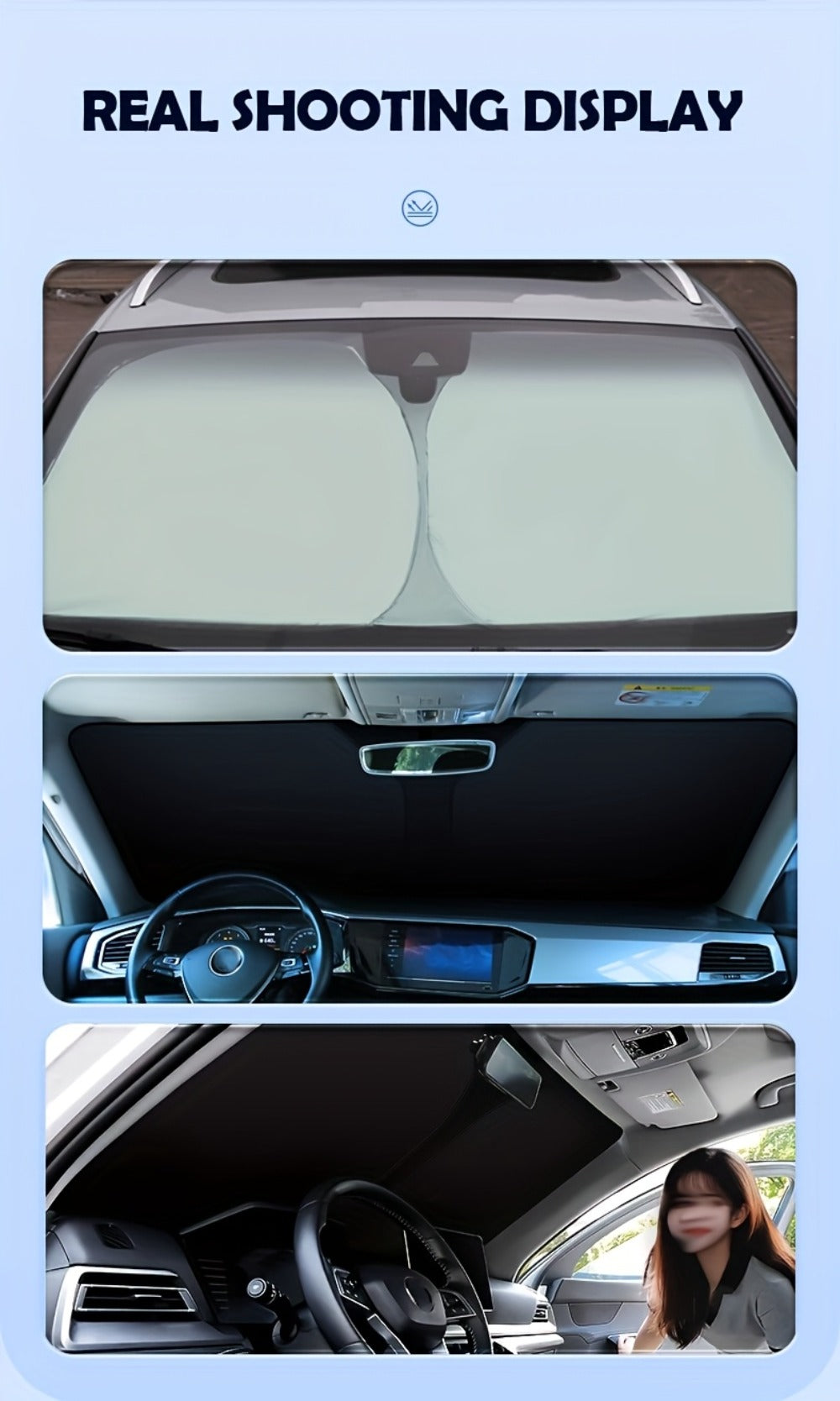 Windshield Sun Shade with Hook & Loop Closure – Foldable Front Window UV Ray Blocker, Dashboard Heat Protector
