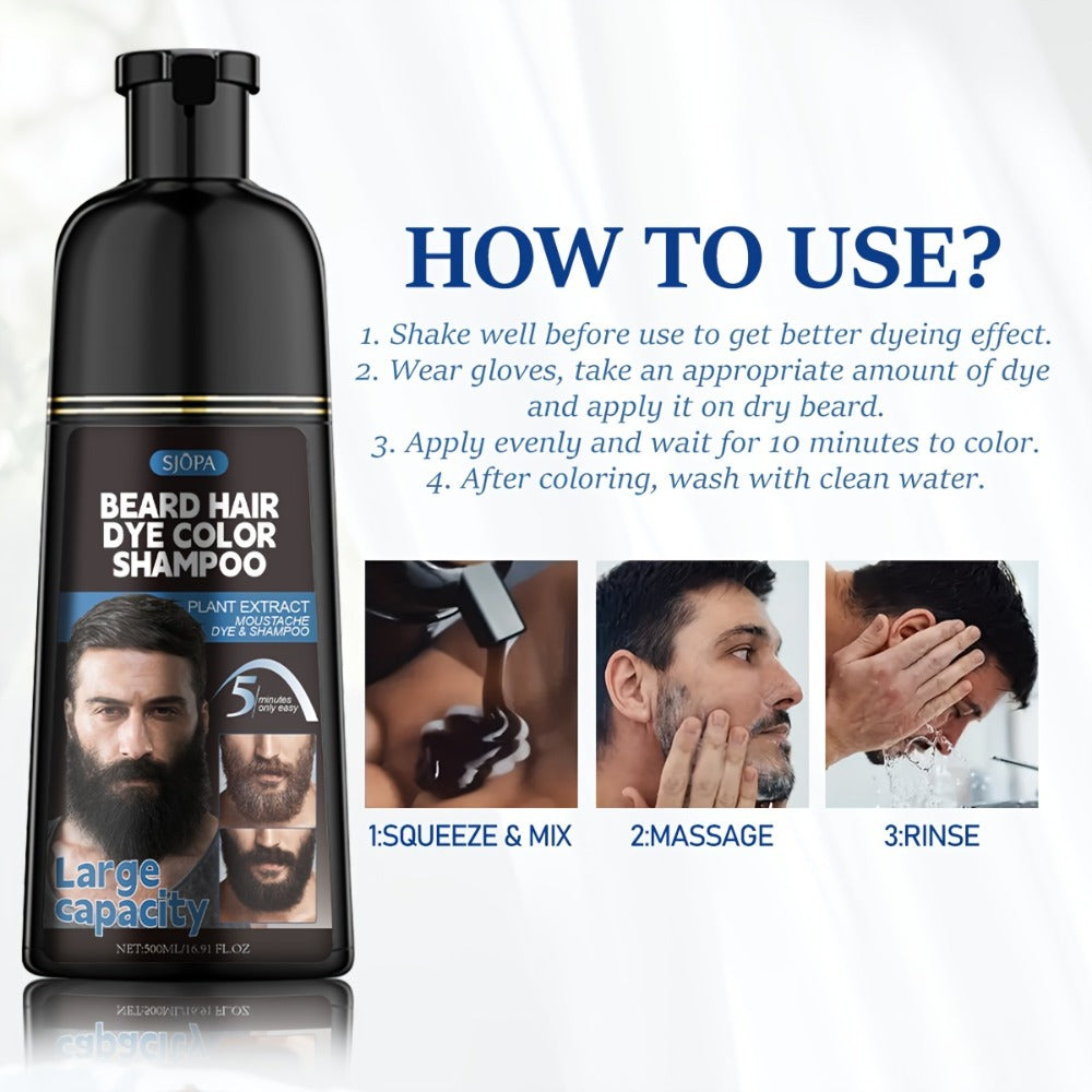 Men's Black Beard Dye 3-in-1 Hair & Beard Color Kit - Fast Blackening in 10-15 Minutes, Nourishing Skin-Safe Formula