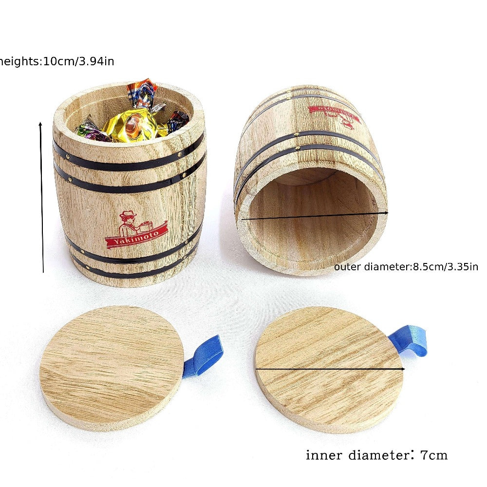 Wooden Barrel Storage Jar with Lid, Rustic Mini Desktop Organizer for Coffee Beans, Sugar, Candy