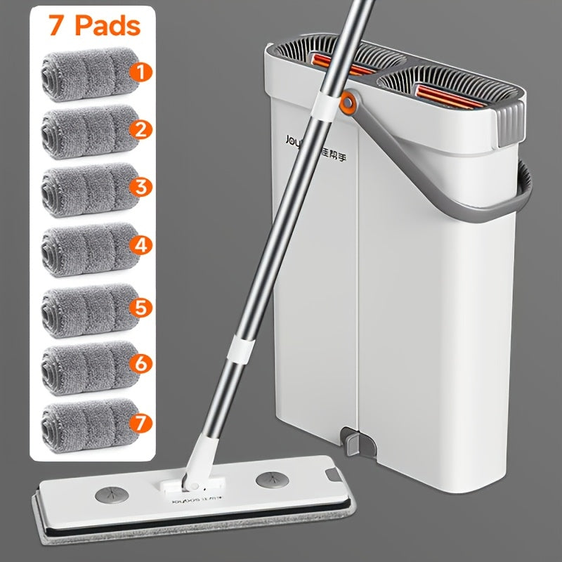 Flat Mop and Bucket Set with Metal Rod 360 Degree Swivel Head Reusable Microfiber Pads for Entryways, Bedrooms and Living Spaces