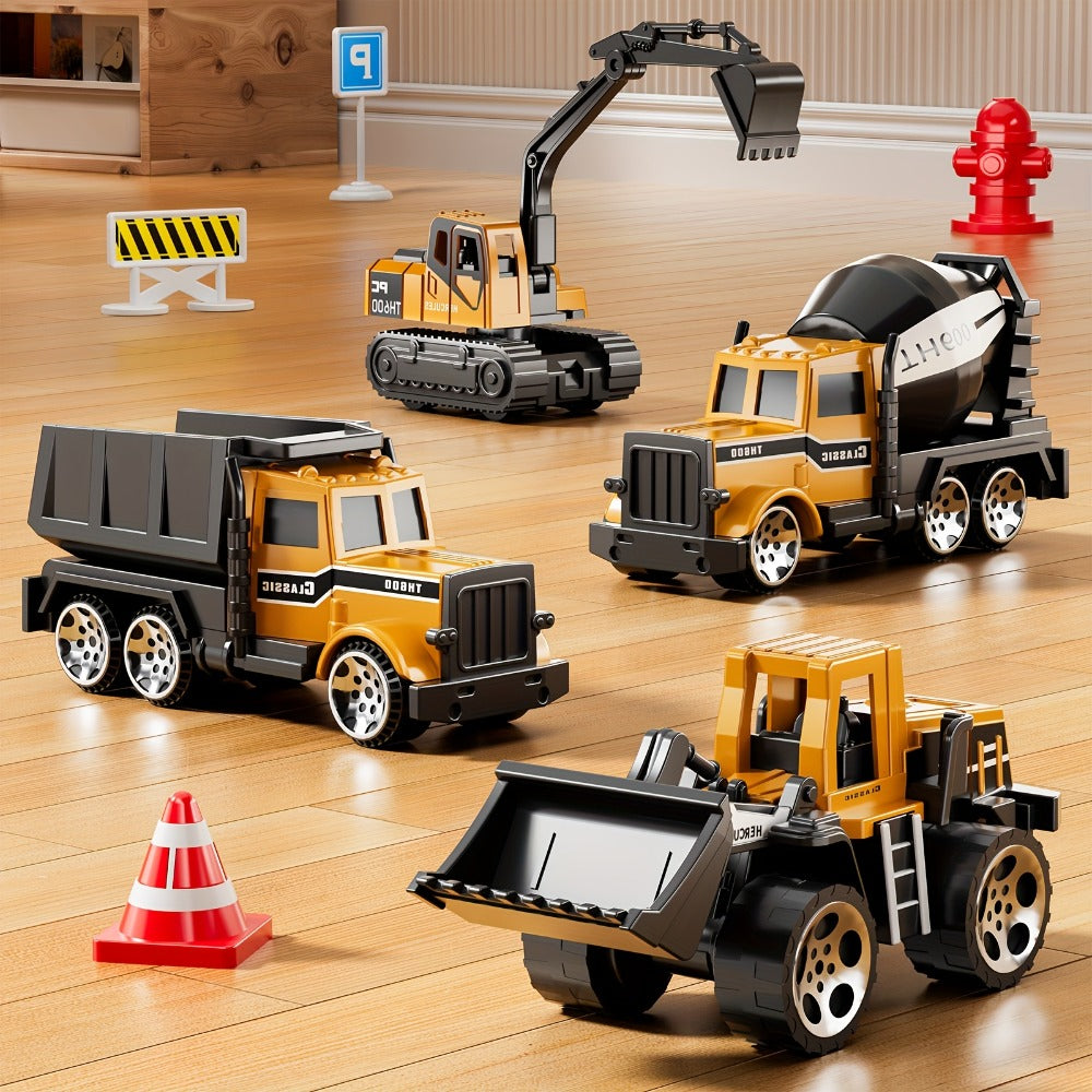 Construction Vehicle Container Truck Toy Set with Crane & Foldable Double Race Track, 4 Alloy Trucks